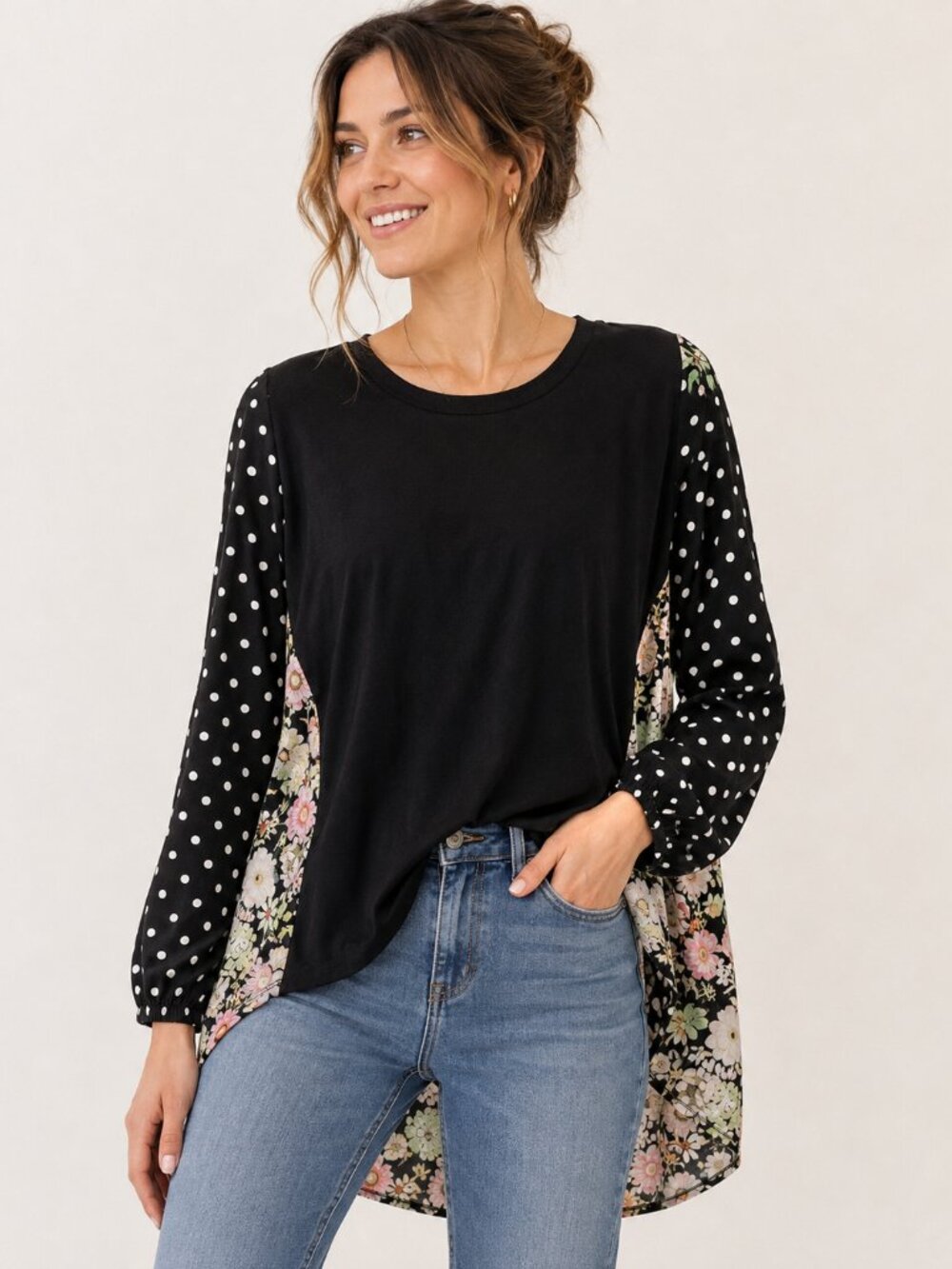 Maeve Anthropologie XS Black Floral Polka Dot Boho Mixed Print Tunic Top 1439
